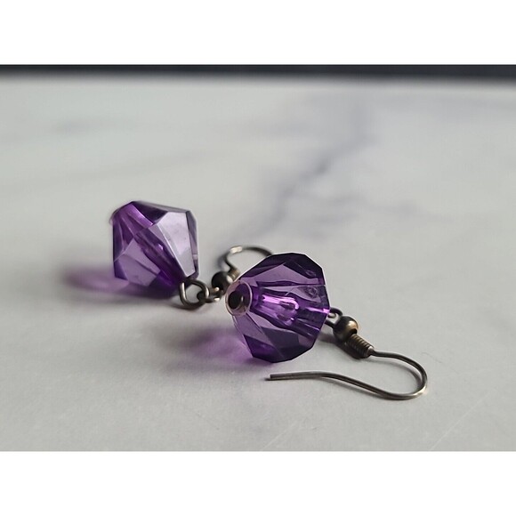 Silver Tone Metal Purple Beaded Dangling Pierced Earrings Vintage - Picture 6 of 10